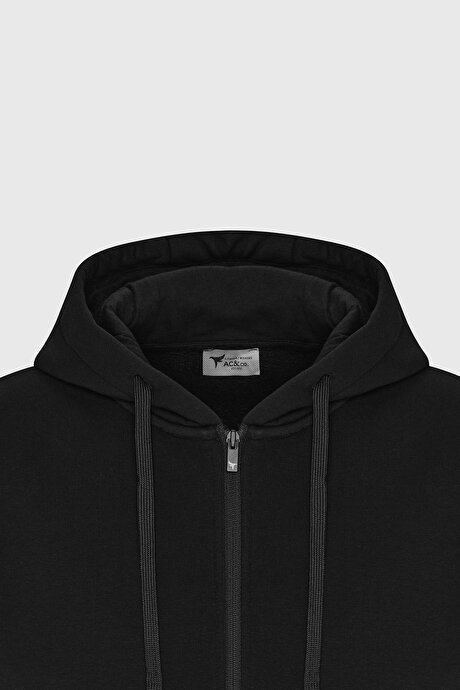 Standart Fit Normal Kesim İçi Polarlı 3 İplik Kapüşonlu Fermuarlı Siyah Sweatshirt Ceket resmi