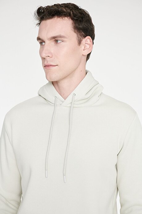 Standart Fit Normal Kesim İçi Polarlı 3 İplik Kapüşonlu Kanguru Cepli Pamuklu Bej Sweatshirt resmi