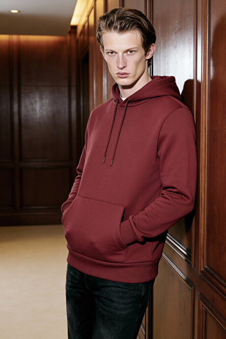 Standart Fit Normal Kesim İçi Polarlı 3 İplik Kapüşonlu Kanguru Cepli Pamuklu Bordo Sweatshirt resmi