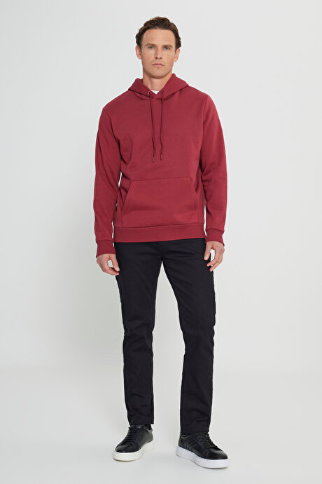 Standart Fit Normal Kesim İçi Polarlı 3 İplik Kapüşonlu Kanguru Cepli Pamuklu Bordo Sweatshirt resmi
