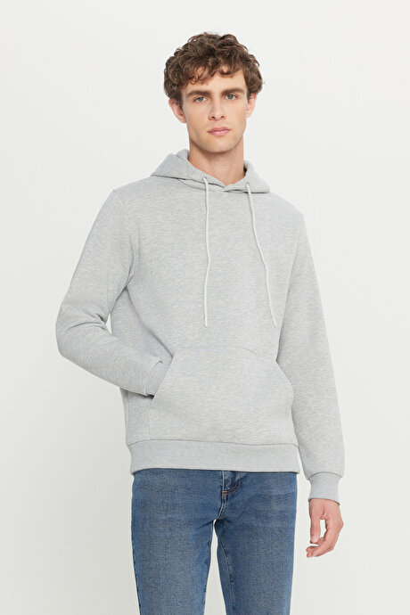 Standart Fit Normal Kesim İçi Polarlı 3 İplik Kapüşonlu Kanguru Cepli Pamuklu Gri Melanj Sweatshirt resmi