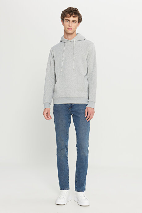 Standart Fit Normal Kesim İçi Polarlı 3 İplik Kapüşonlu Kanguru Cepli Pamuklu Gri Melanj Sweatshirt resmi