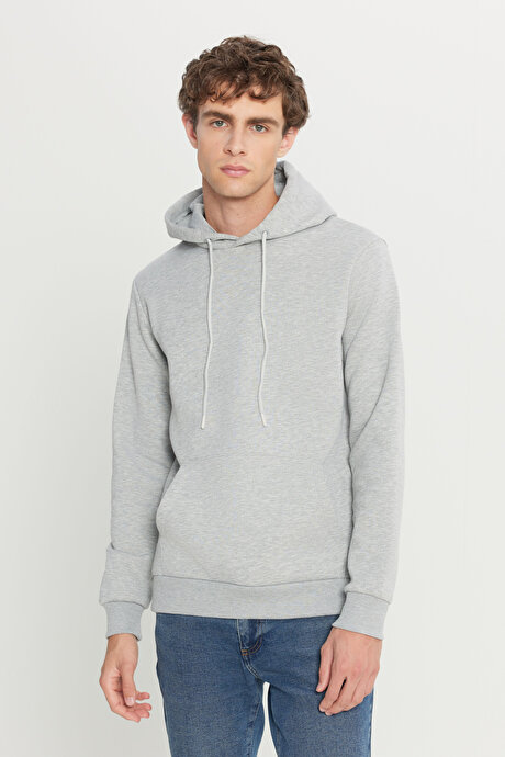 Standart Fit Normal Kesim İçi Polarlı 3 İplik Kapüşonlu Kanguru Cepli Pamuklu Gri Melanj Sweatshirt resmi