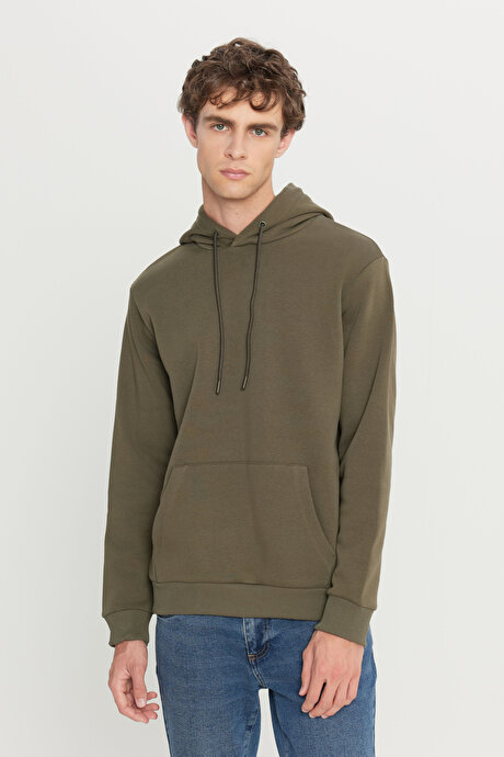 Standart Fit Normal Kesim İçi Polarlı 3 İplik Kapüşonlu Kanguru Cepli Pamuklu Haki Sweatshirt resmi