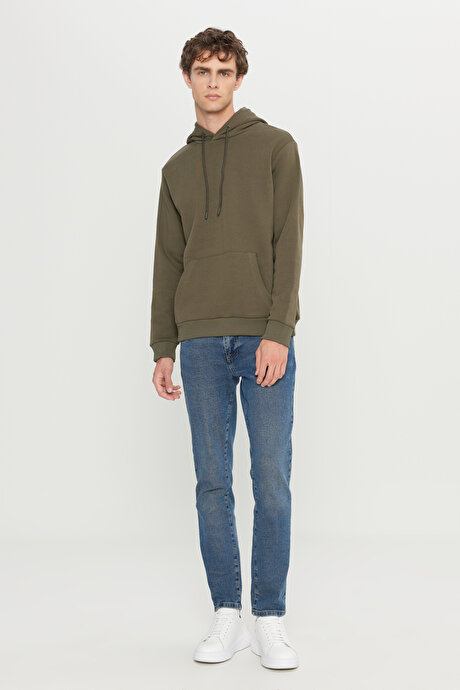 Standart Fit Normal Kesim İçi Polarlı 3 İplik Kapüşonlu Kanguru Cepli Pamuklu Haki Sweatshirt resmi
