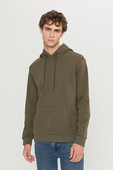 Standart Fit Normal Kesim İçi Polarlı 3 İplik Kapüşonlu Kanguru Cepli Pamuklu Haki Sweatshirt resmi