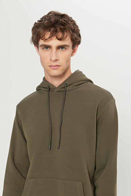 Standart Fit Normal Kesim İçi Polarlı 3 İplik Kapüşonlu Kanguru Cepli Pamuklu Haki Sweatshirt resmi