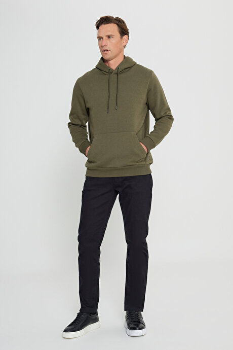 Standart Fit Normal Kesim İçi Polarlı 3 İplik Kapüşonlu Kanguru Cepli Pamuklu Haki SweatshirtET5224100014HAK