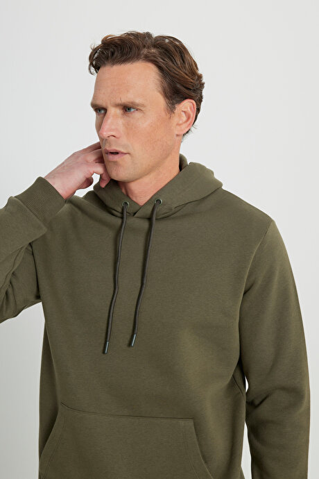 Standart Fit Normal Kesim İçi Polarlı 3 İplik Kapüşonlu Kanguru Cepli Pamuklu Haki SweatshirtET5224100014HAK