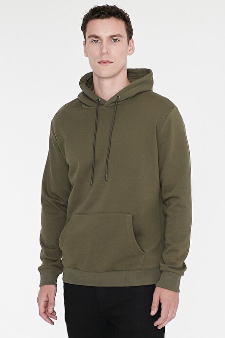 Standart Fit Normal Kesim İçi Polarlı 3 İplik Kapüşonlu Kanguru Cepli Pamuklu Haki Sweatshirt resmi