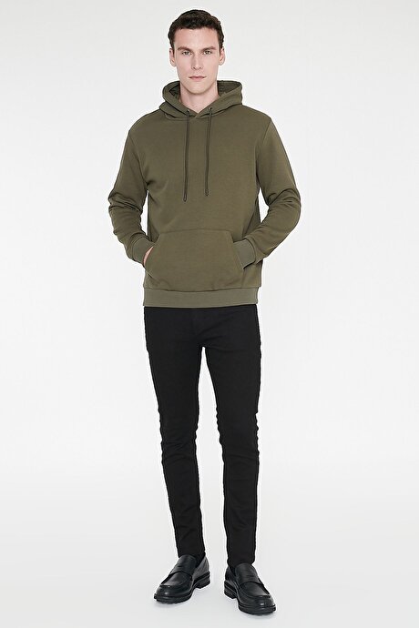 Standart Fit Normal Kesim İçi Polarlı 3 İplik Kapüşonlu Kanguru Cepli Pamuklu Haki Sweatshirt resmi