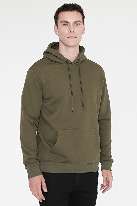 Standart Fit Normal Kesim İçi Polarlı 3 İplik Kapüşonlu Kanguru Cepli Pamuklu Haki Sweatshirt resmi