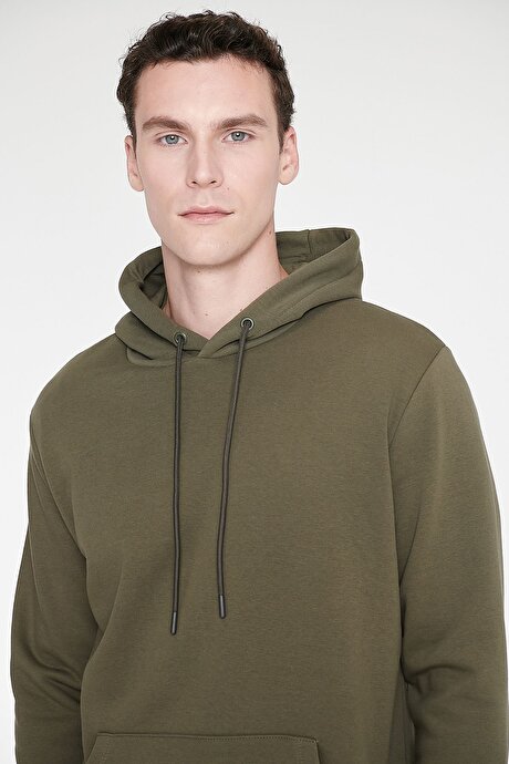 Standart Fit Normal Kesim İçi Polarlı 3 İplik Kapüşonlu Kanguru Cepli Pamuklu Haki Sweatshirt resmi