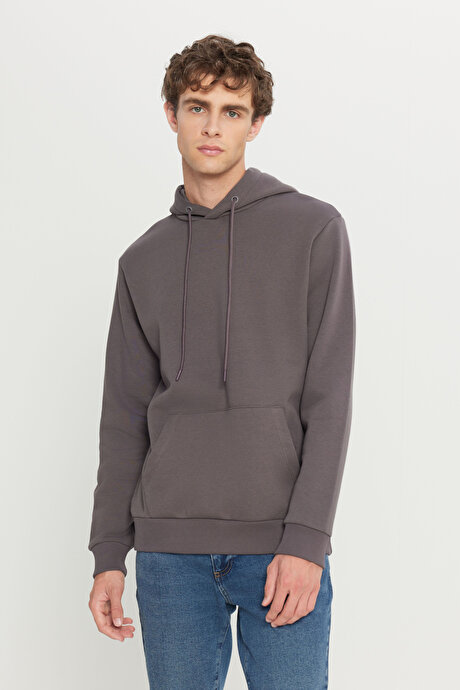 Standart Fit Normal Kesim İçi Polarlı 3 İplik Kapüşonlu Kanguru Cepli Pamuklu Koyu Gri Sweatshirt resmi