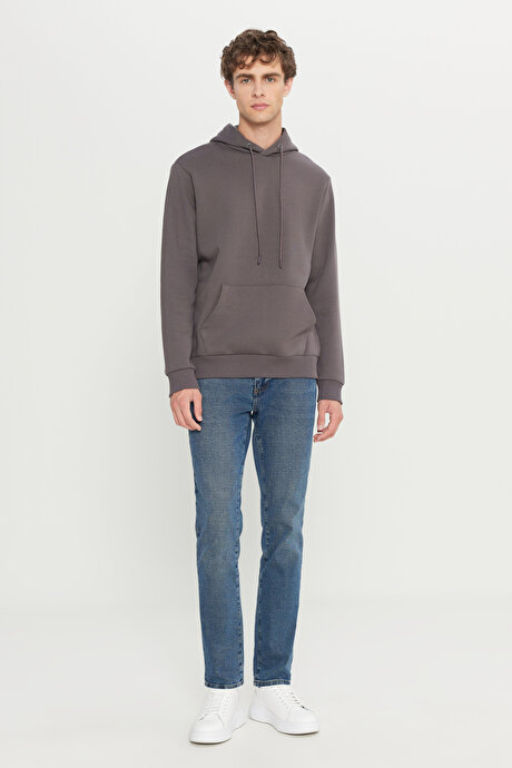 Standart Fit Normal Kesim İçi Polarlı 3 İplik Kapüşonlu Kanguru Cepli Pamuklu Koyu Gri Sweatshirt resmi