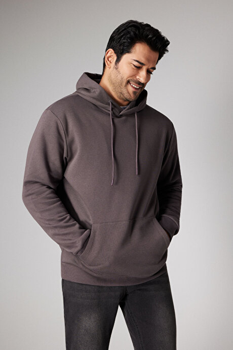 Standart Fit Normal Kesim İçi Polarlı 3 İplik Kapüşonlu Kanguru Cepli Pamuklu Koyu Gri Sweatshirt resmi