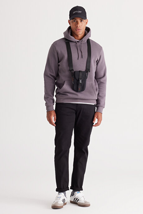 Standart Fit Normal Kesim İçi Polarlı 3 İplik Kapüşonlu Kanguru Cepli Pamuklu Koyu Gri Sweatshirt resmi