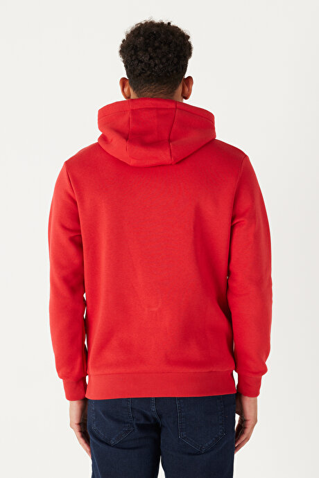 Standart Fit Normal Kesim İçi Polarlı 3 İplik Kapüşonlu Kanguru Cepli Pamuklu Kırmızı Sweatshirt resmi