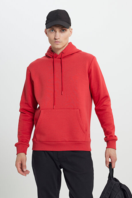 Standart Fit Normal Kesim İçi Polarlı 3 İplik Kapüşonlu Kanguru Cepli Pamuklu Kırmızı Sweatshirt resmi