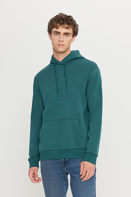 Standart Fit Normal Kesim İçi Polarlı 3 İplik Kapüşonlu Kanguru Cepli Pamuklu Koyu Yeşil Sweatshirt resmi