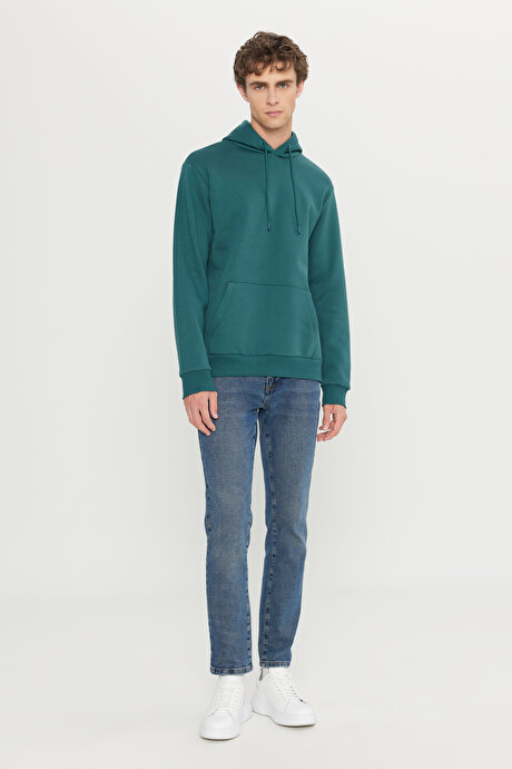 Standart Fit Normal Kesim İçi Polarlı 3 İplik Kapüşonlu Kanguru Cepli Pamuklu Koyu Yeşil Sweatshirt resmi
