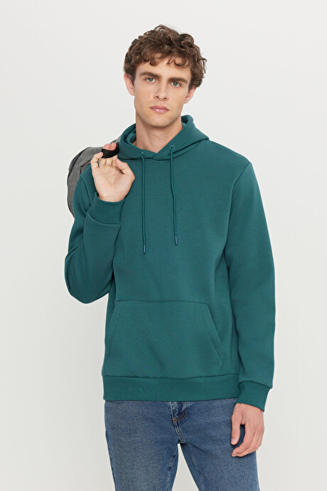 Standart Fit Normal Kesim İçi Polarlı 3 İplik Kapüşonlu Kanguru Cepli Pamuklu Koyu Yeşil Sweatshirt resmi