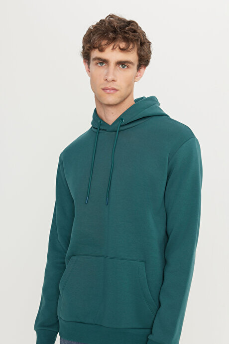 Standart Fit Normal Kesim İçi Polarlı 3 İplik Kapüşonlu Kanguru Cepli Pamuklu Koyu Yeşil Sweatshirt resmi