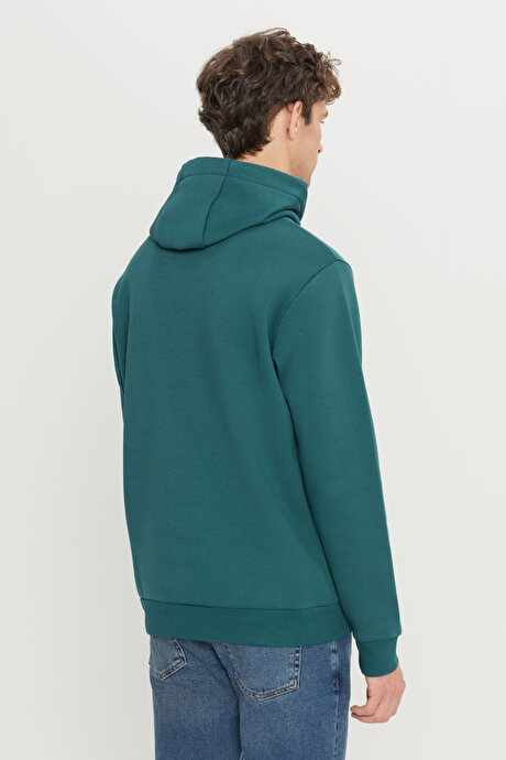 Standart Fit Normal Kesim İçi Polarlı 3 İplik Kapüşonlu Kanguru Cepli Pamuklu Koyu Yeşil Sweatshirt resmi