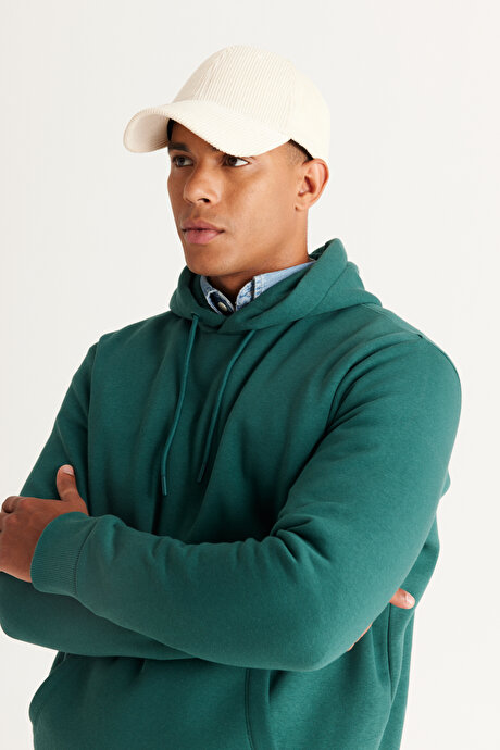 Standart Fit Normal Kesim İçi Polarlı 3 İplik Kapüşonlu Kanguru Cepli Pamuklu Koyu Yeşil Sweatshirt resmi