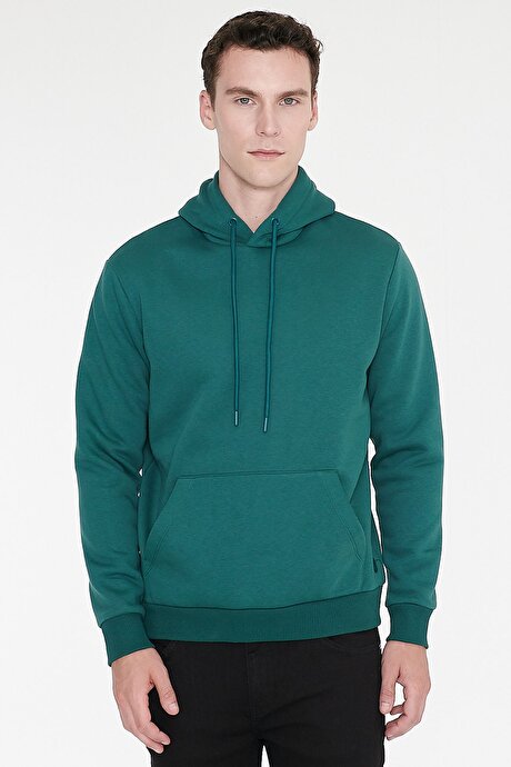 Standart Fit Normal Kesim İçi Polarlı 3 İplik Kapüşonlu Kanguru Cepli Pamuklu Koyu Yeşil Sweatshirt resmi