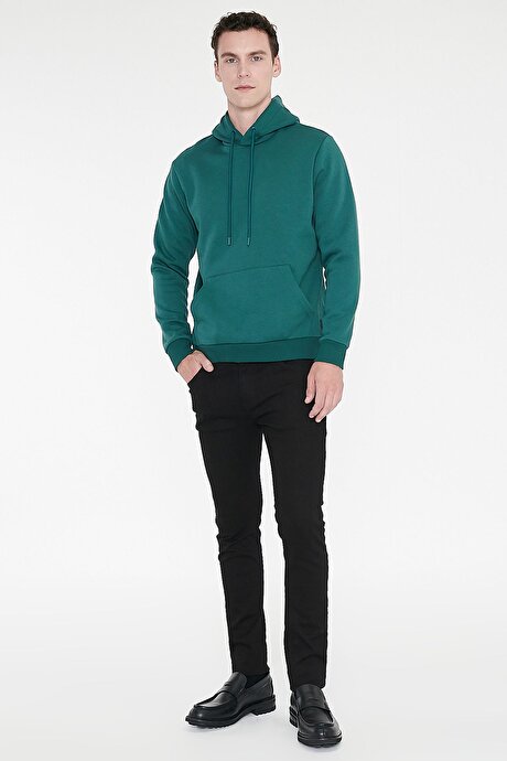 Standart Fit Normal Kesim İçi Polarlı 3 İplik Kapüşonlu Kanguru Cepli Pamuklu Koyu Yeşil Sweatshirt resmi