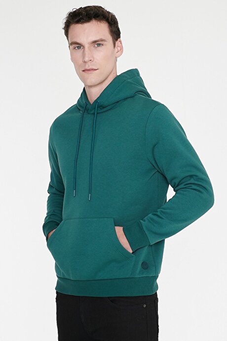 Standart Fit Normal Kesim İçi Polarlı 3 İplik Kapüşonlu Kanguru Cepli Pamuklu Koyu Yeşil Sweatshirt resmi