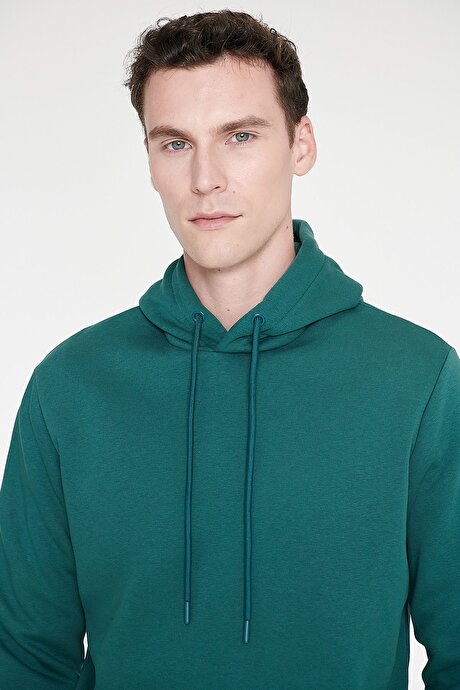 Standart Fit Normal Kesim İçi Polarlı 3 İplik Kapüşonlu Kanguru Cepli Pamuklu Koyu Yeşil Sweatshirt resmi