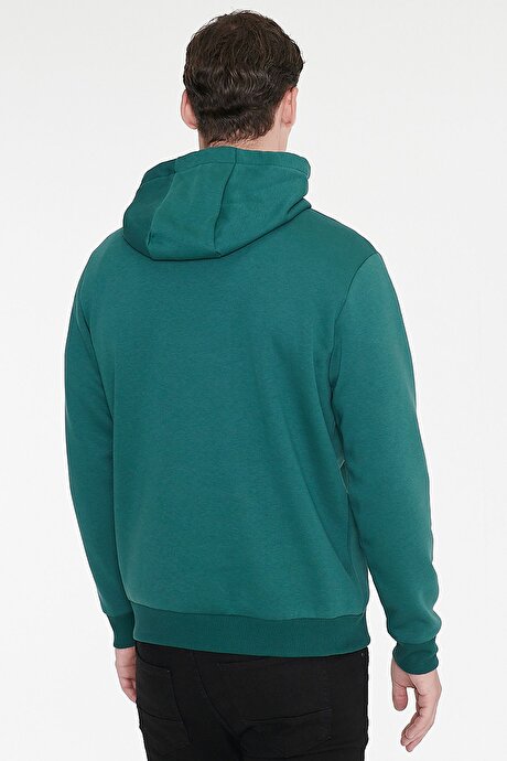 Standart Fit Normal Kesim İçi Polarlı 3 İplik Kapüşonlu Kanguru Cepli Pamuklu Koyu Yeşil Sweatshirt resmi