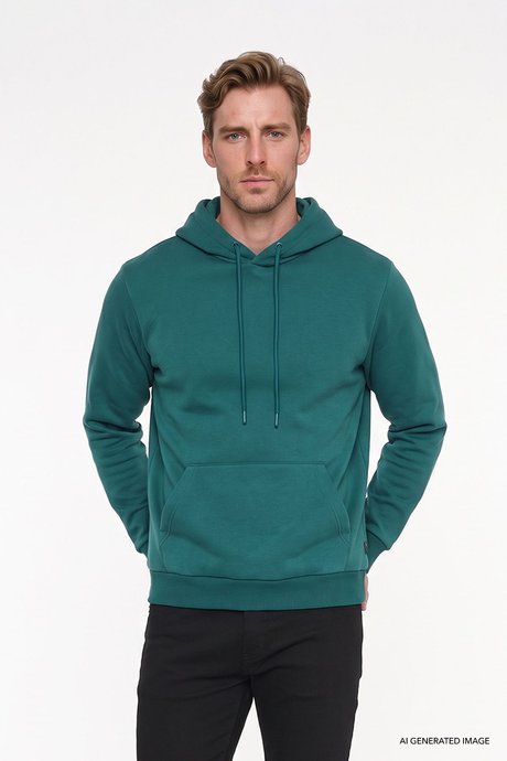 Standart Fit Normal Kesim İçi Polarlı 3 İplik Kapüşonlu Kanguru Cepli Pamuklu Koyu Yeşil Sweatshirt resmi