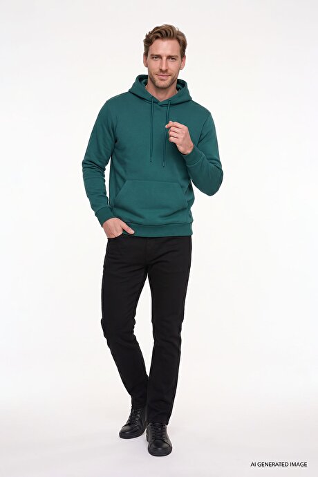 Standart Fit Normal Kesim İçi Polarlı 3 İplik Kapüşonlu Kanguru Cepli Pamuklu Koyu Yeşil Sweatshirt resmi