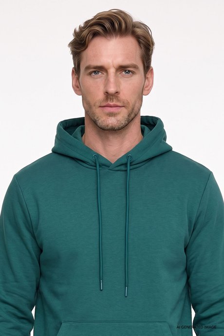 Standart Fit Normal Kesim İçi Polarlı 3 İplik Kapüşonlu Kanguru Cepli Pamuklu Koyu Yeşil Sweatshirt resmi