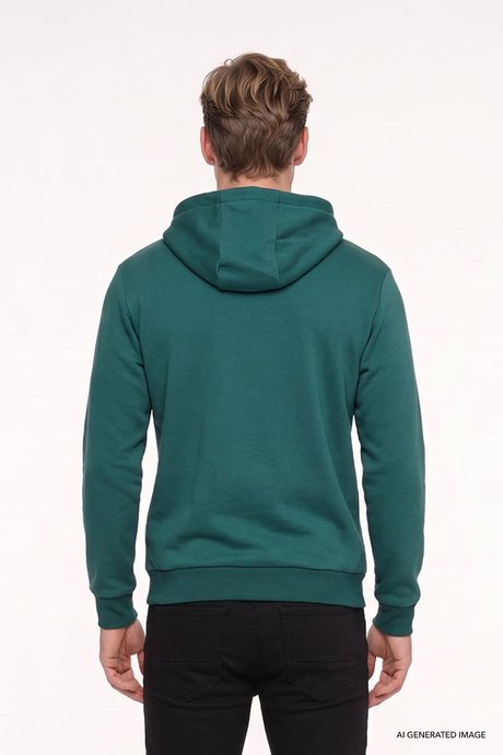 Standart Fit Normal Kesim İçi Polarlı 3 İplik Kapüşonlu Kanguru Cepli Pamuklu Koyu Yeşil Sweatshirt resmi