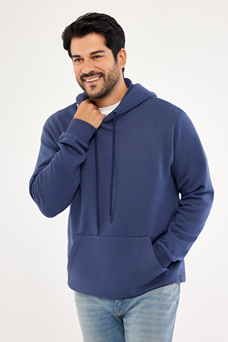Standart Fit Normal Kesim İçi Polarlı 3 İplik Kapüşonlu Kanguru Cepli Pamuklu Lacivert Sweatshirt resmi