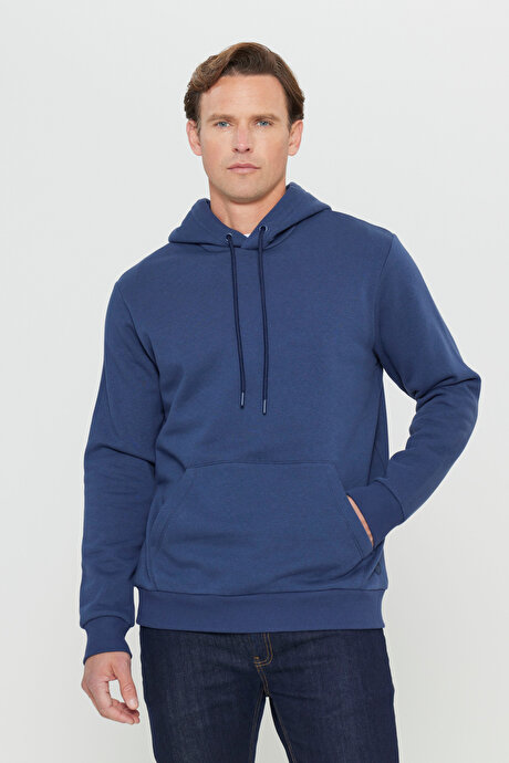 Standart Fit Normal Kesim İçi Polarlı 3 İplik Kapüşonlu Kanguru Cepli Pamuklu Lacivert Sweatshirt resmi