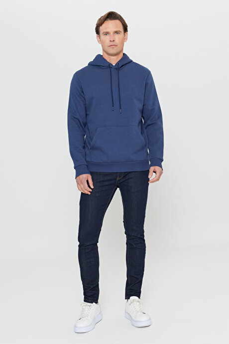 Standart Fit Normal Kesim İçi Polarlı 3 İplik Kapüşonlu Kanguru Cepli Pamuklu Lacivert Sweatshirt resmi
