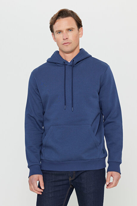 Standart Fit Normal Kesim İçi Polarlı 3 İplik Kapüşonlu Kanguru Cepli Pamuklu Lacivert Sweatshirt resmi