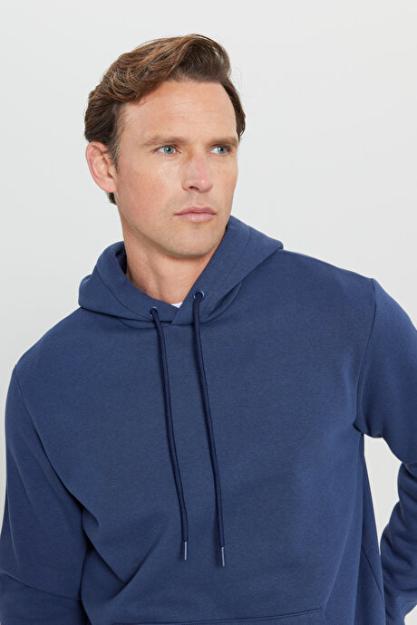 Standart Fit Normal Kesim İçi Polarlı 3 İplik Kapüşonlu Kanguru Cepli Pamuklu Lacivert Sweatshirt resmi