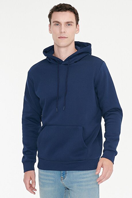 Standart Fit Normal Kesim İçi Polarlı 3 İplik Kapüşonlu Kanguru Cepli Pamuklu Lacivert Sweatshirt resmi