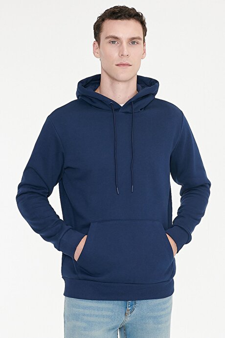 Standart Fit Normal Kesim İçi Polarlı 3 İplik Kapüşonlu Kanguru Cepli Pamuklu Lacivert Sweatshirt resmi