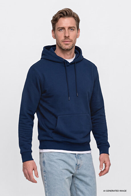 Standart Fit Normal Kesim İçi Polarlı 3 İplik Kapüşonlu Kanguru Cepli Pamuklu Lacivert Sweatshirt resmi