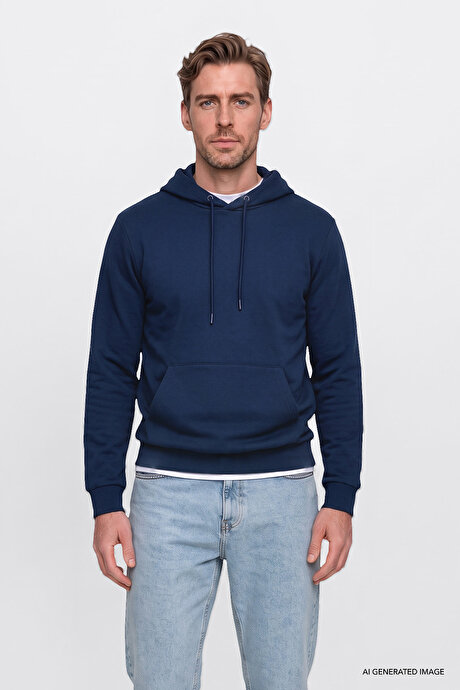 Standart Fit Normal Kesim İçi Polarlı 3 İplik Kapüşonlu Kanguru Cepli Pamuklu Lacivert Sweatshirt resmi
