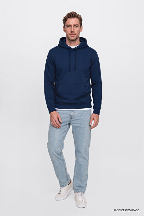 Standart Fit Normal Kesim İçi Polarlı 3 İplik Kapüşonlu Kanguru Cepli Pamuklu Lacivert Sweatshirt resmi