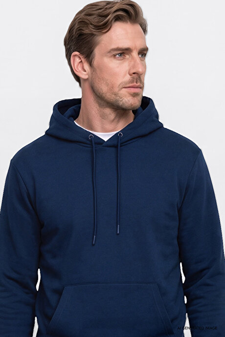 Standart Fit Normal Kesim İçi Polarlı 3 İplik Kapüşonlu Kanguru Cepli Pamuklu Lacivert Sweatshirt resmi
