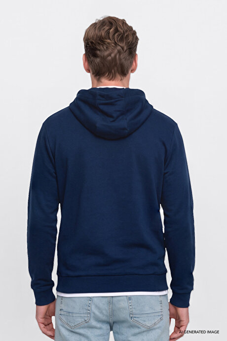Standart Fit Normal Kesim İçi Polarlı 3 İplik Kapüşonlu Kanguru Cepli Pamuklu Lacivert Sweatshirt resmi